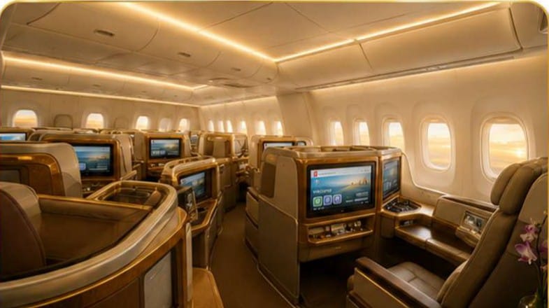 Business class cabin on the group's flight